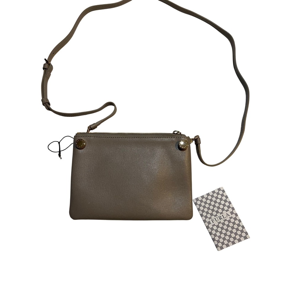 FURLA Crossbody Bag Blue Leather Dual Zip Adjustable Strap